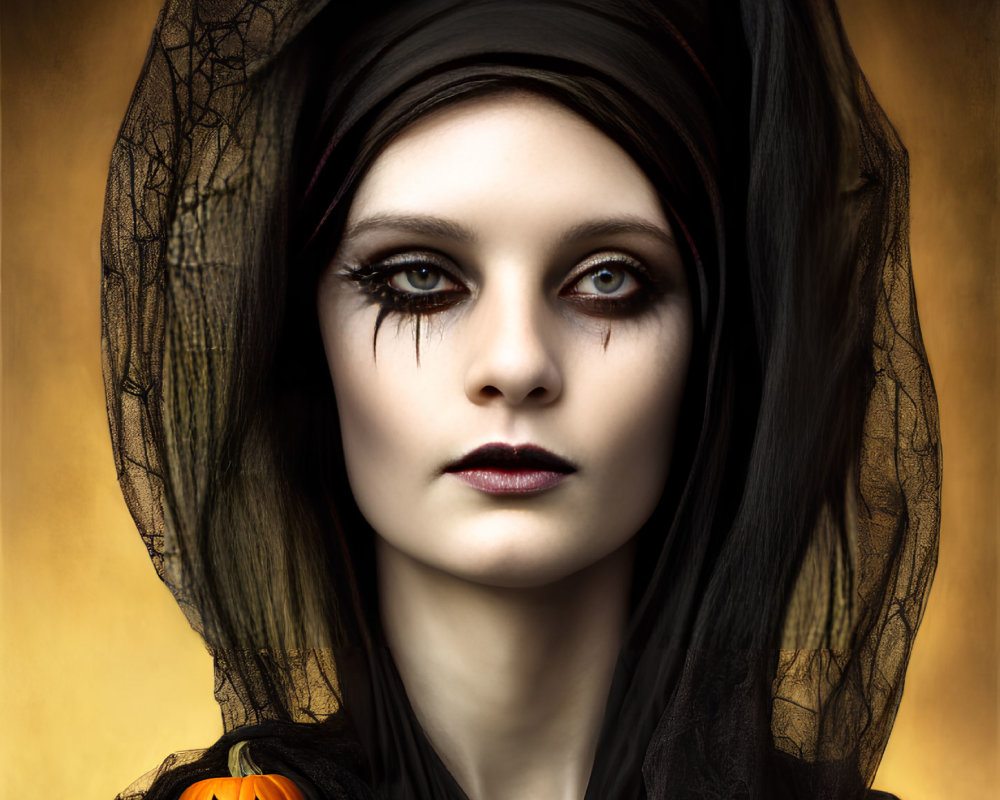 Dark Makeup Woman Holding Jack-o'-lantern in Black Attire