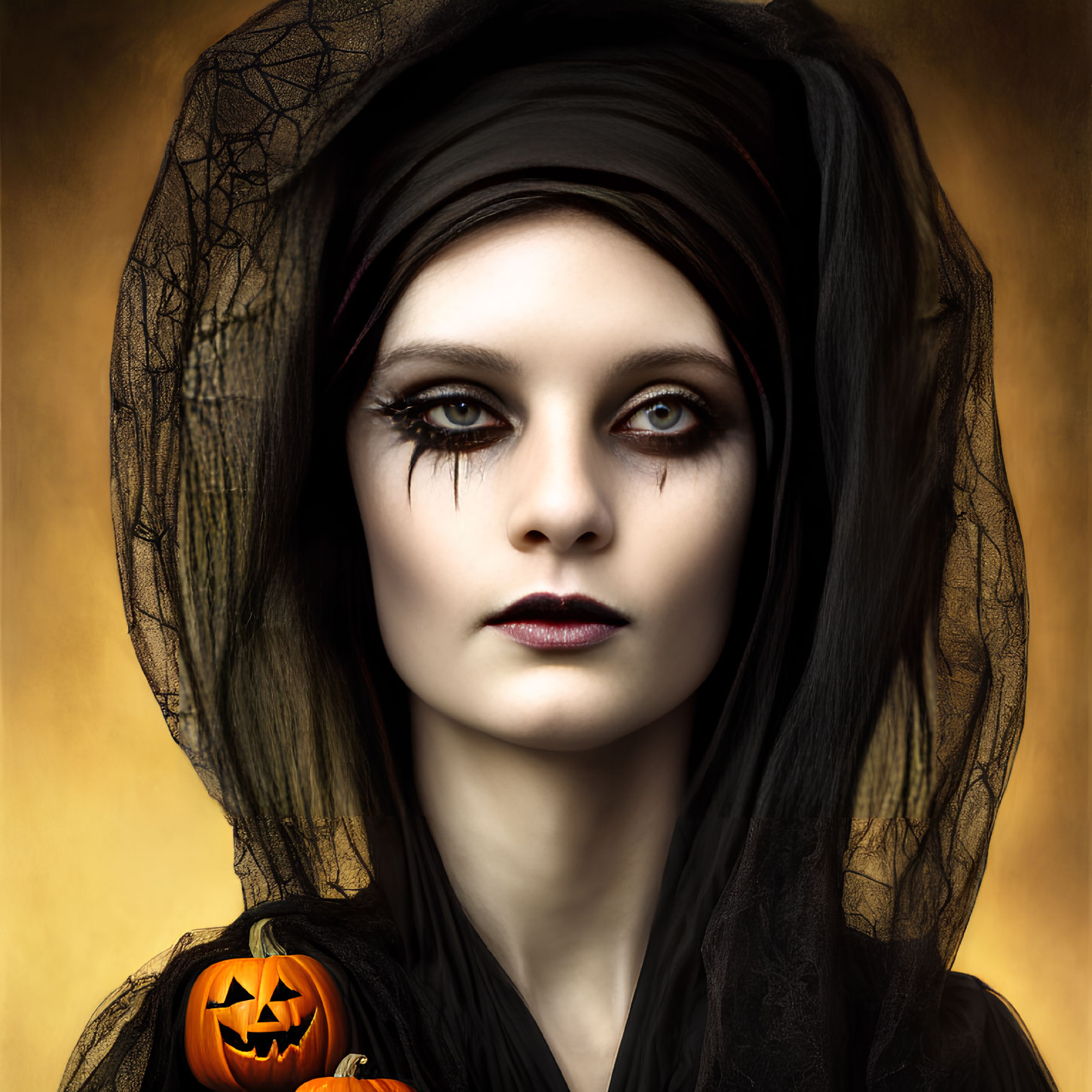 Dark Makeup Woman Holding Jack-o'-lantern in Black Attire