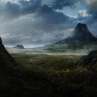 Majestic fantasy landscape with mountains, campsite, and brooding sky