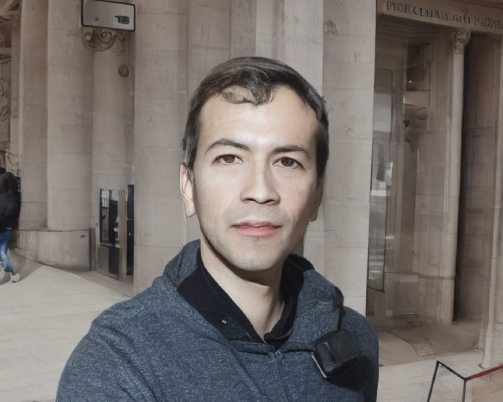 Man in dark zip-up top taking selfie in front of classical building