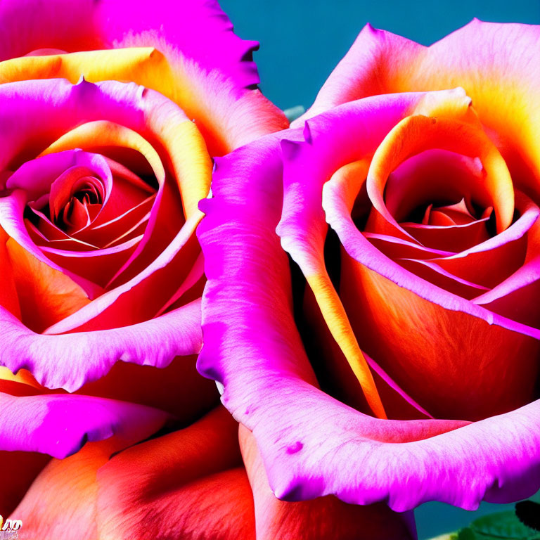 Vibrant pink and yellow roses with soft petals on teal background