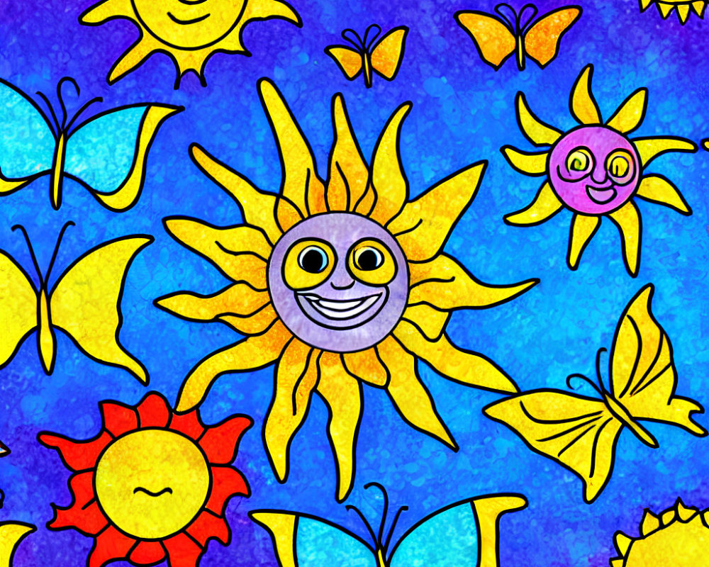 Vibrant illustration of smiling suns and butterflies on textured blue and purple background