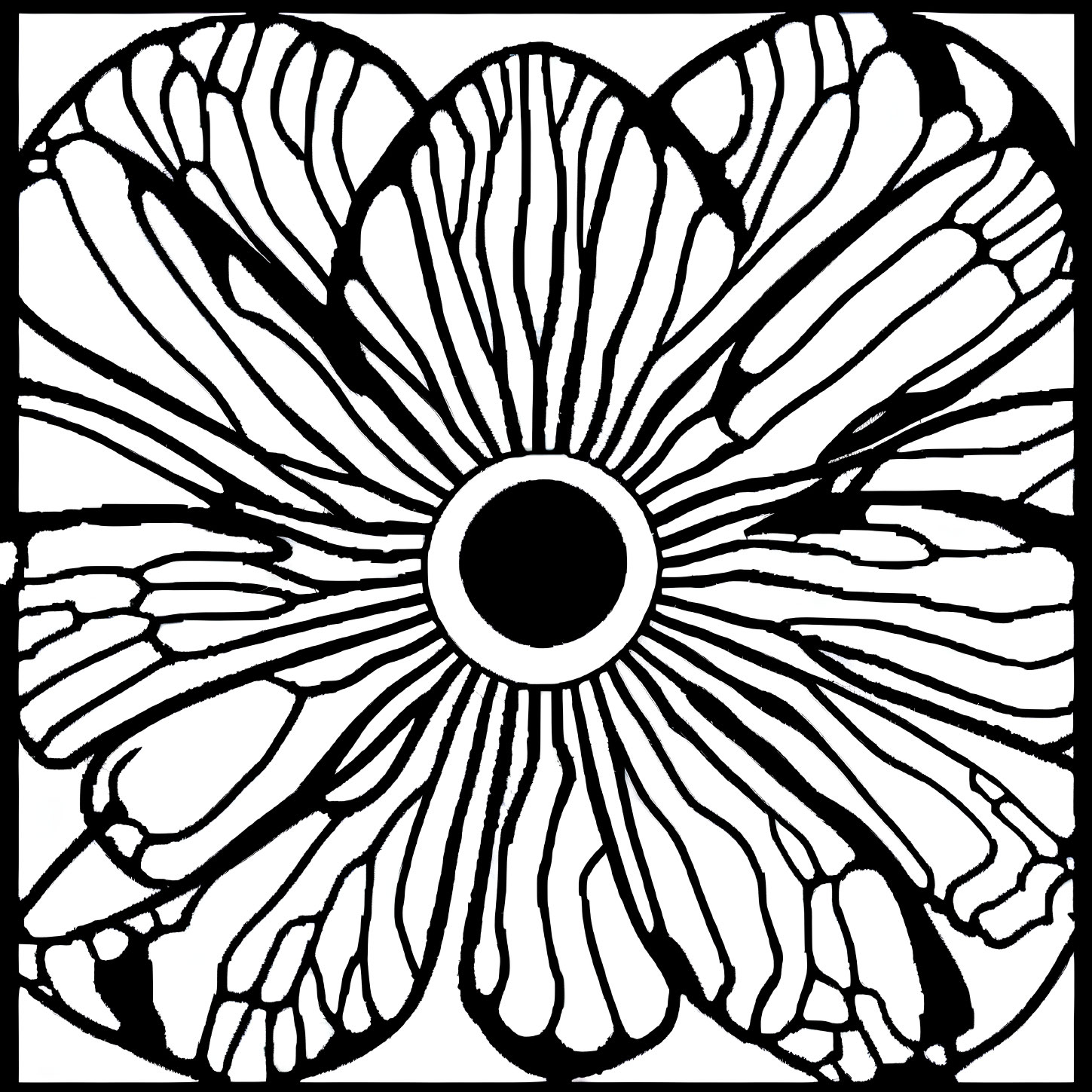 Monochrome abstract floral pattern with central circle and petal-like shapes.