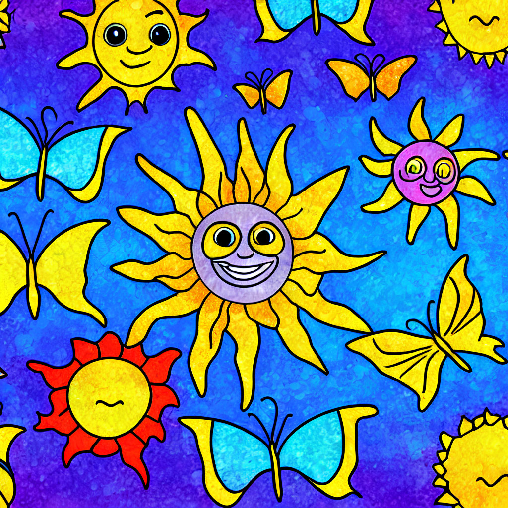 Vibrant illustration of smiling suns and butterflies on textured blue and purple background