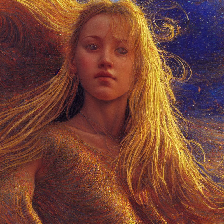 Digital painting: Woman with golden hair against starry night sky