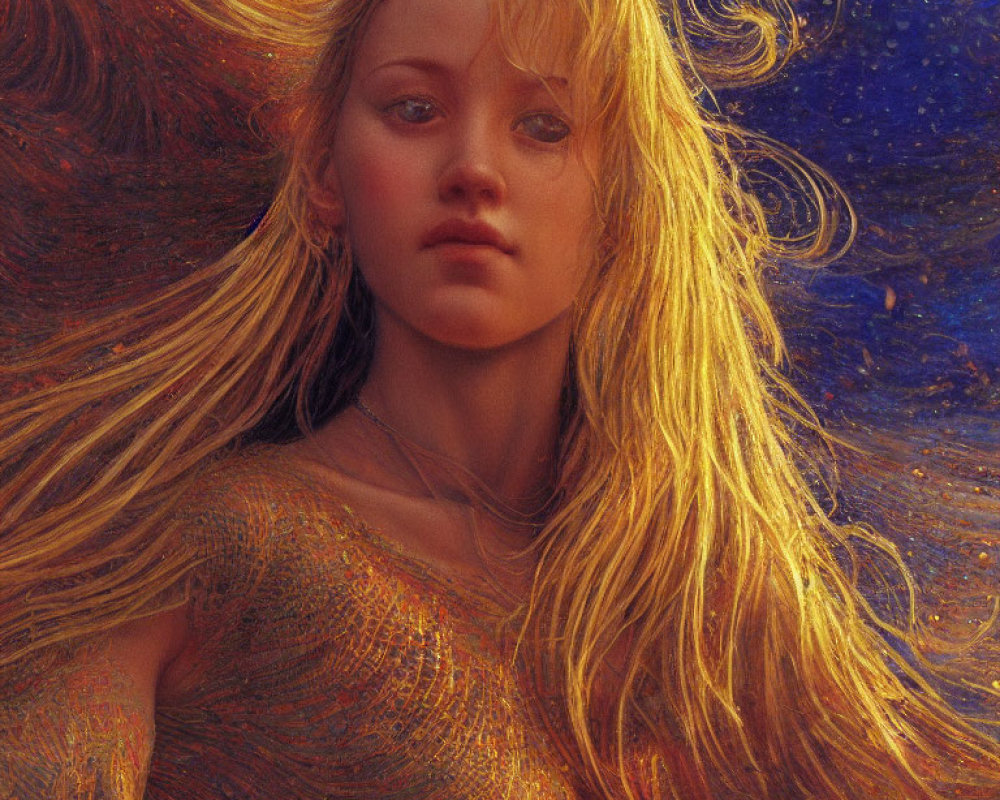 Digital painting: Woman with golden hair against starry night sky