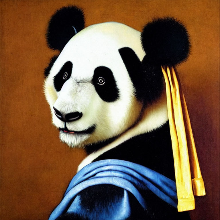 Panda painting in historical clothing with blue shawl and yellow scroll