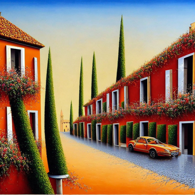 Colorful street scene with orange buildings, green trees, red flowers, and yellow car