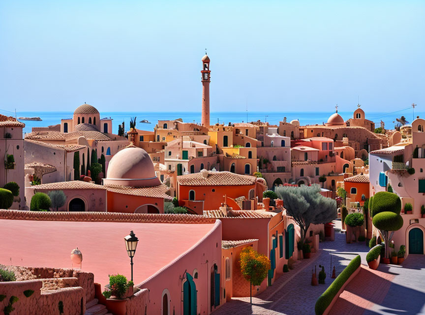 Coastal Village with Terracotta Homes and Minaret in Bright Blue Sky