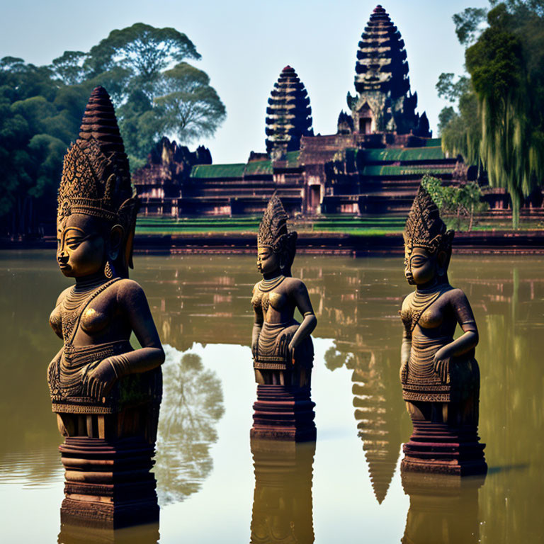 Ancient Stone Statues Overlooking Tranquil Lake with Temple and Forest Reflection