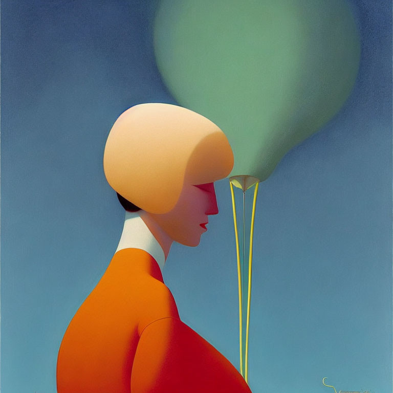 Profile painting of person with peach head, red-orange body, holding green balloon.