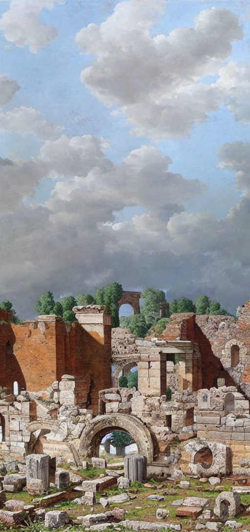 Ancient ruins with crumbling walls and broken columns under a sky with soft clouds