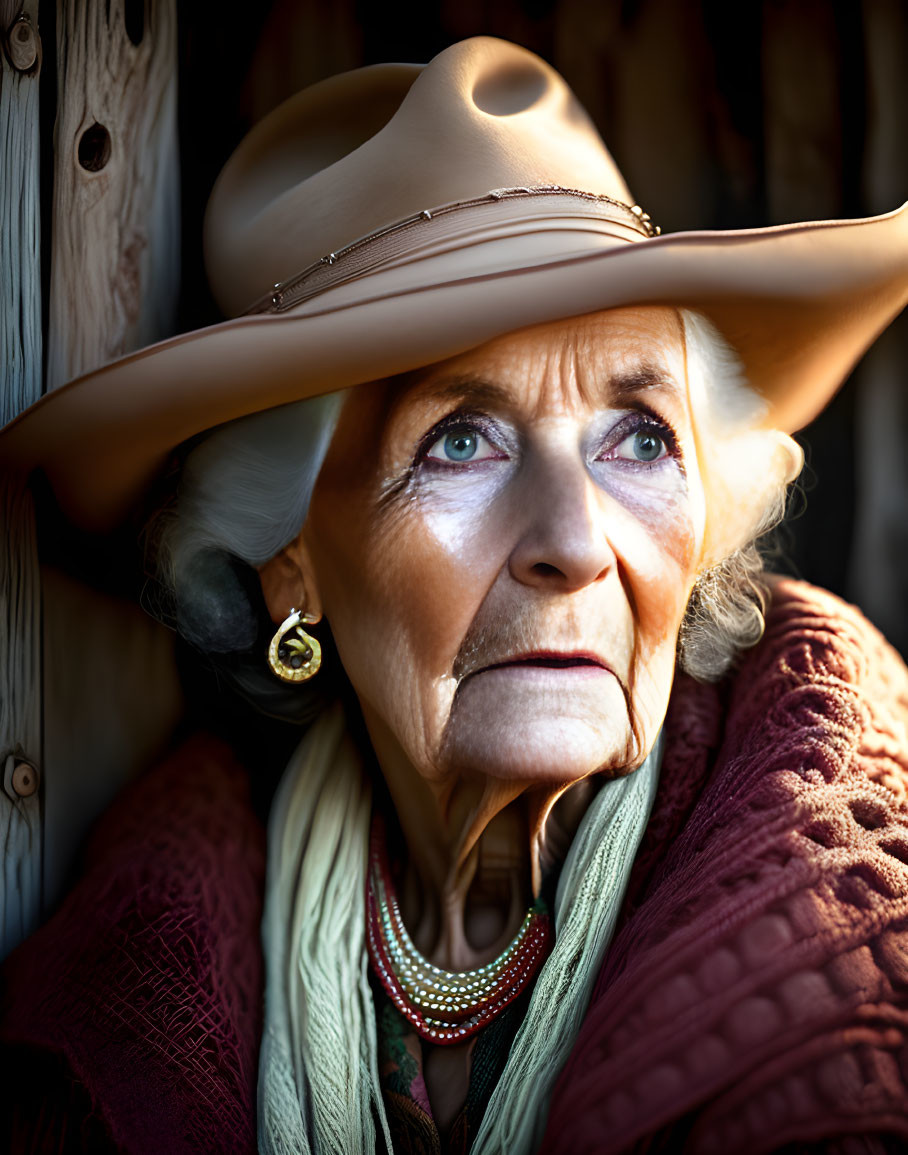 Elderly lady with blue eyes in cowboy hat beside wooden structure