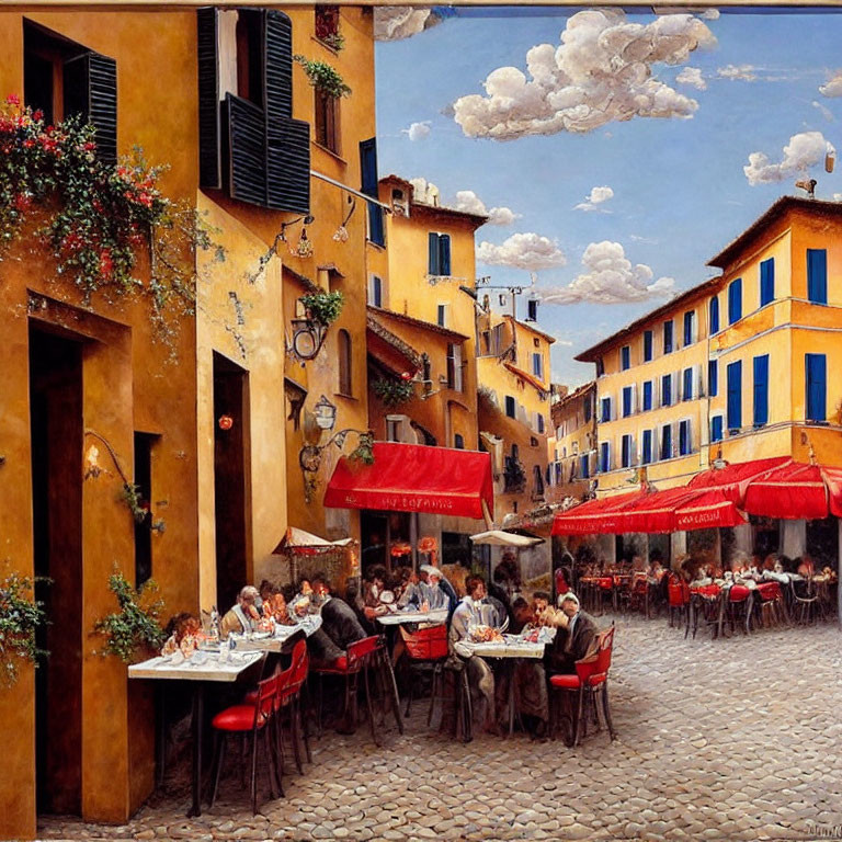 Colorful street painting of people dining under red umbrellas on cobblestone plaza