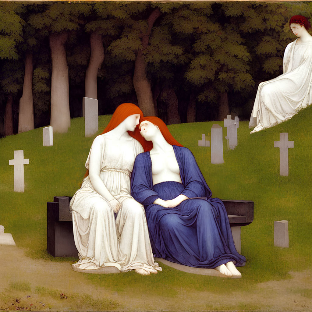 Three women in flowing robes at tranquil cemetery bench