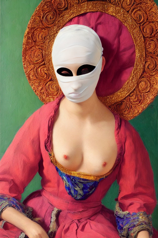 Digitally altered classic painting with female subject in white mask and gold halo