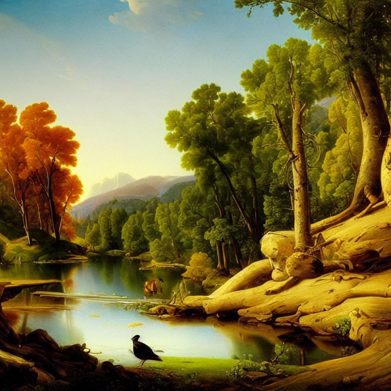 Tranquil landscape painting: lush trees, serene lake, crow, mountains, warm golden sky