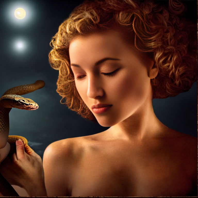 Portrait of woman with curly hair and snake, eyes closed, in dark setting with moon.