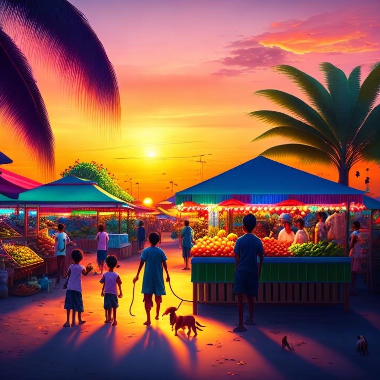 Colorful Sunset Over Bustling Market with Fresh Produce Stalls, Shoppers, and Dogs