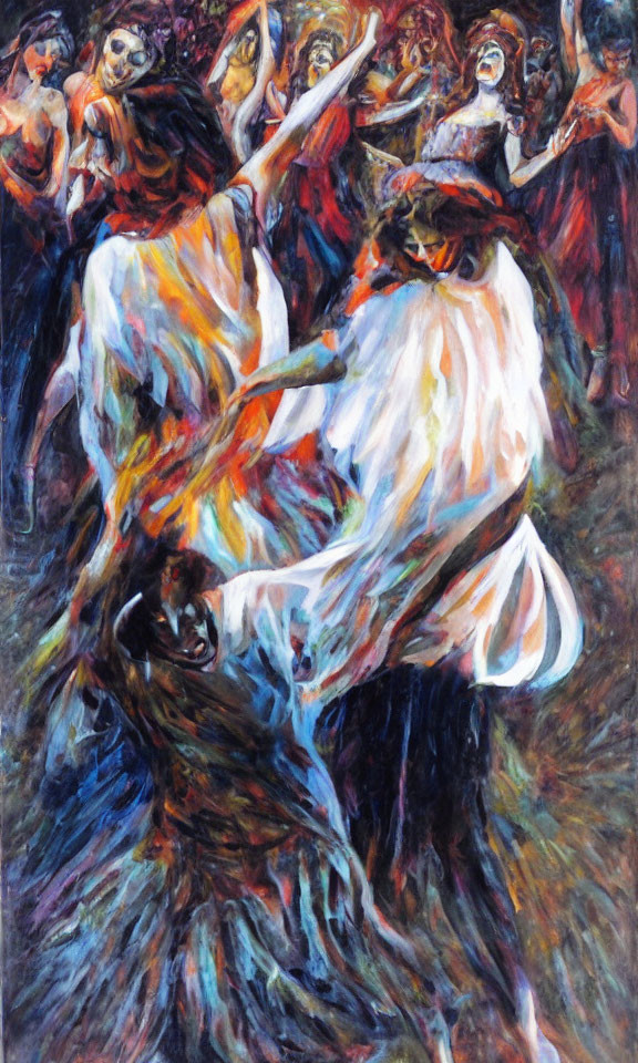 Colorful Impressionist Painting of Dancers in Flowing Dresses