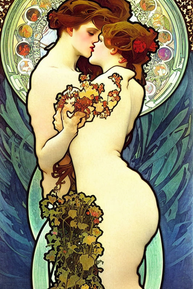 Intimate embrace of two feminine figures in Art Nouveau style