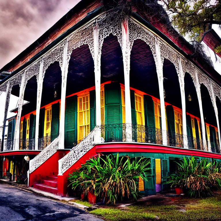 Colorful building with ornate balconies, red stairs, and greenery.