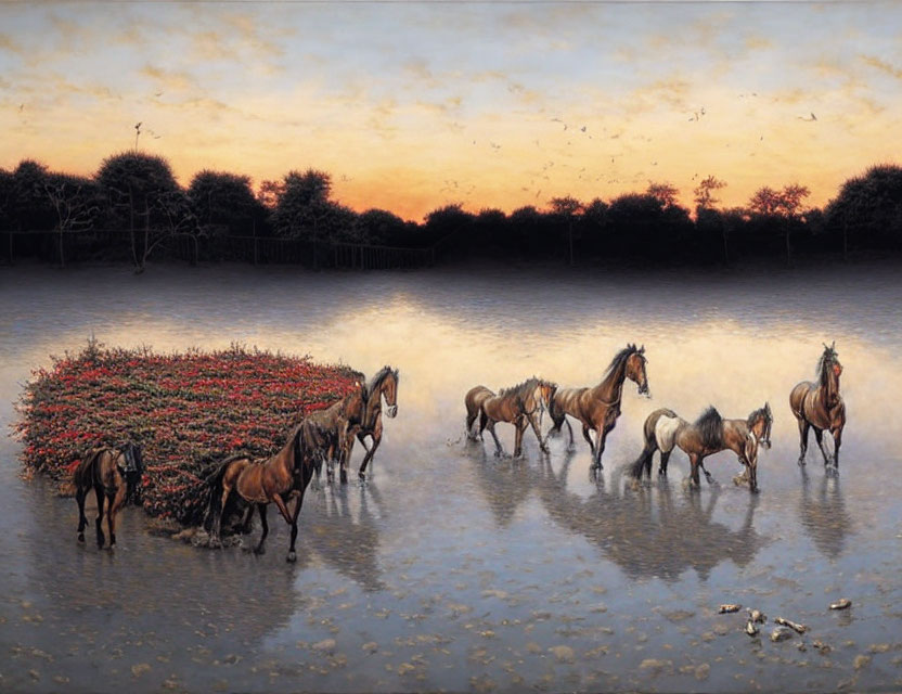 Herd of horses at water body under twilight sky with red flowers and trees