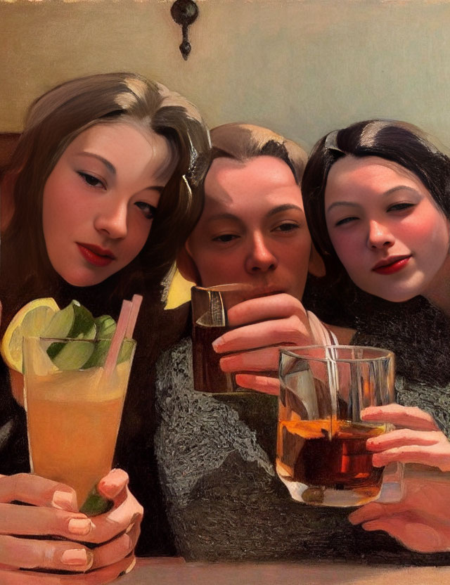 Three people posing with drinks in stylized, painterly effect.