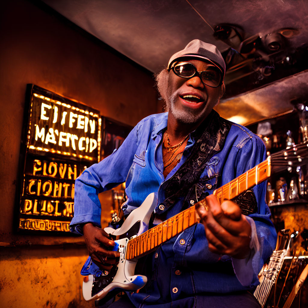 Smiling guitarist in hat and shades playing blue electric guitar in warmly lit room