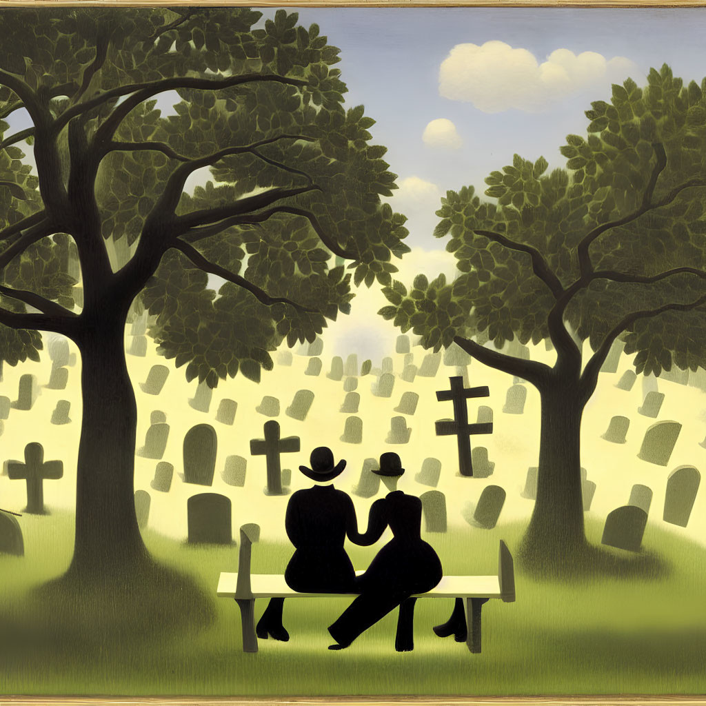 Silhouetted figures on bench in serene cemetery with trees and tombstones