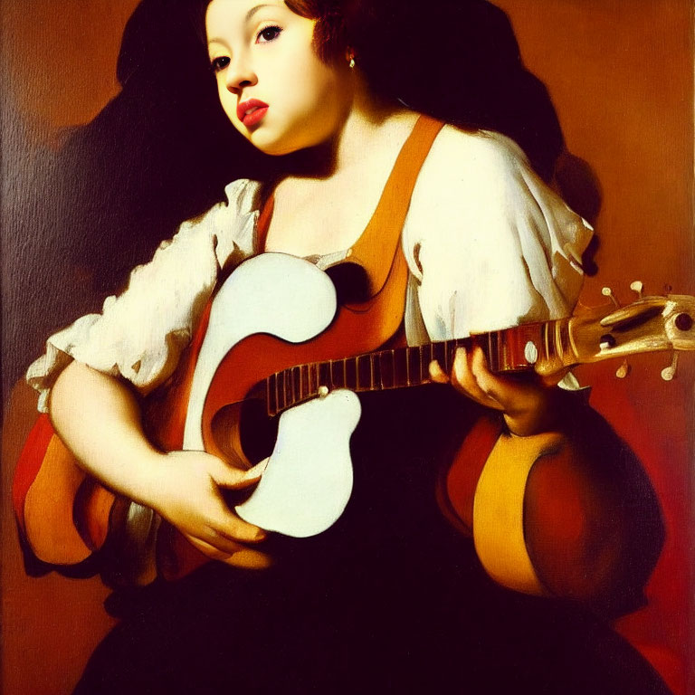 Baroque-style painting of woman in red dress with white sleeves holding guitar