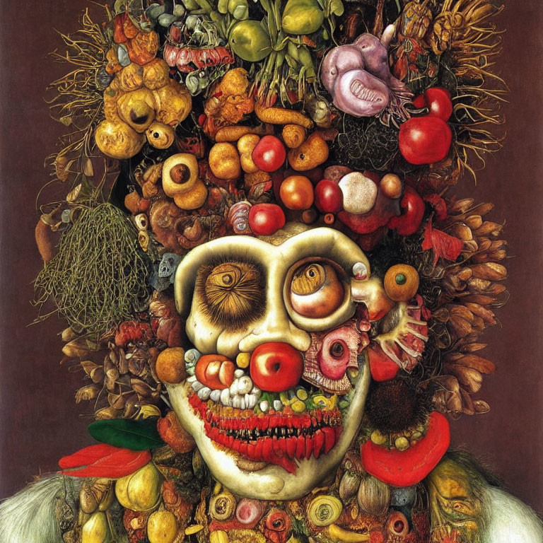 Surreal portrait: fruits, vegetables, and meats create facial features on a dark background