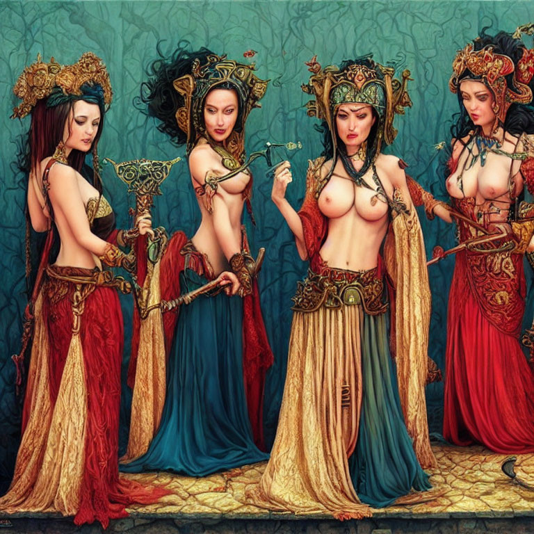 Four stylized fantasy women in ornate crowns and richly colored garments against intricate backdrop