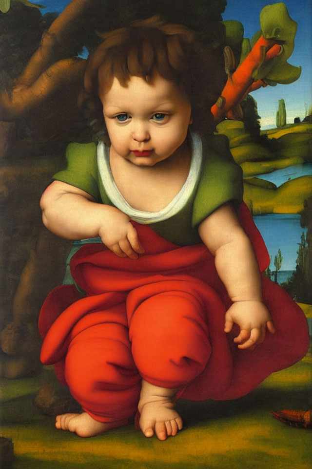 Cherubic child with brown hair in green top, seated in lush landscape