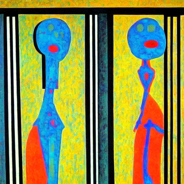 Colorful Abstract Artwork: Two Stylized Figures on Patterned Background