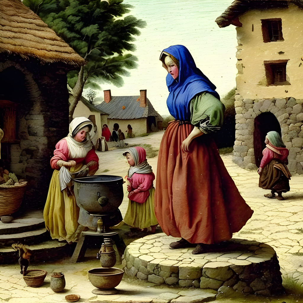 Traditional village scene: women cooking and chatting in rustic setting.