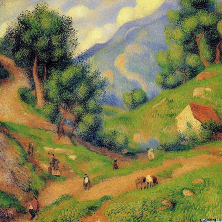 Lush Impressionist Landscape with People, House, and Sheep