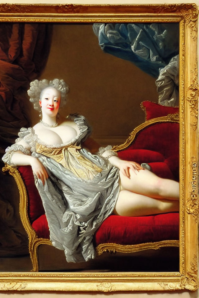 18th-Century Woman Painting on Red Velvet Sofa in Golden Frame