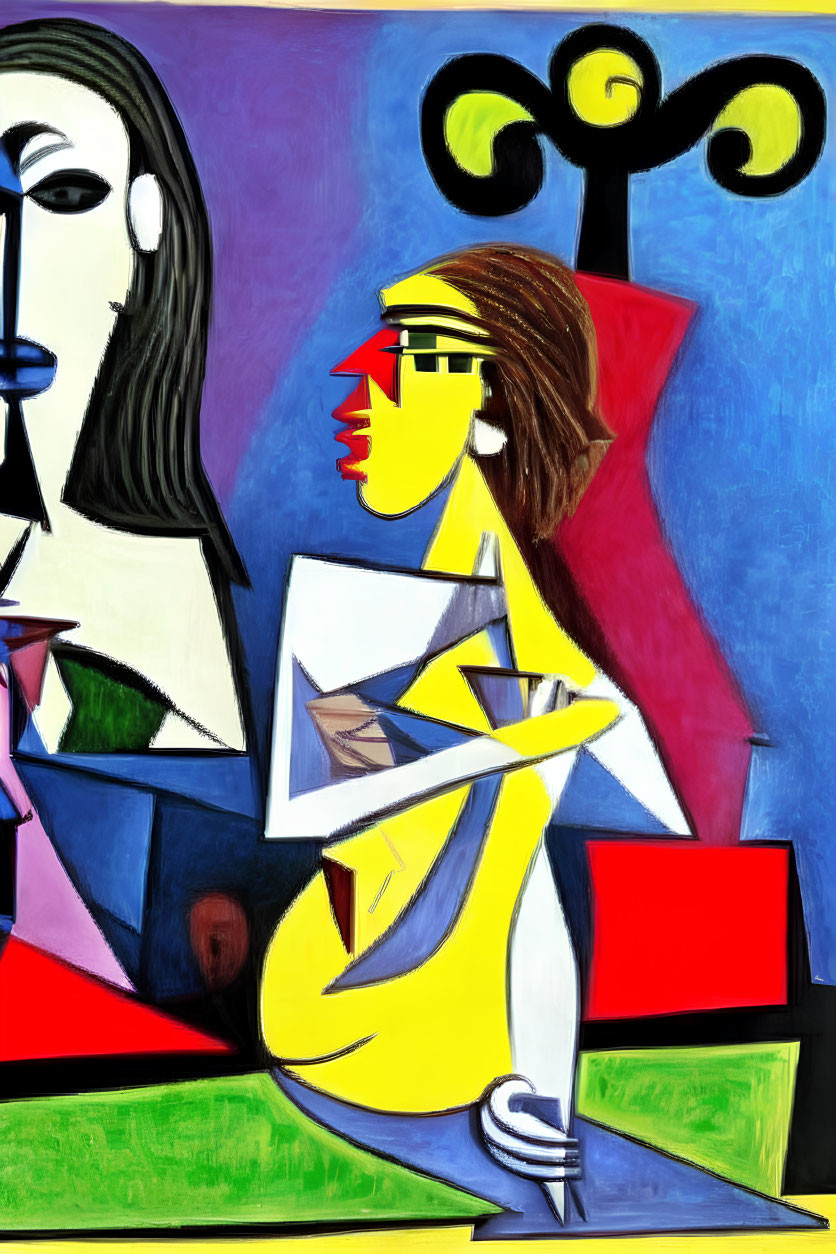 Geometric Cubist painting with vibrant colors and stylized figures