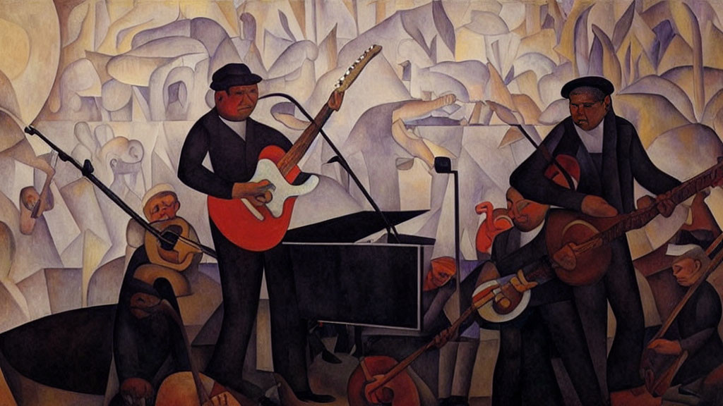 Cubist-style painting featuring a band playing various instruments amid abstract shapes