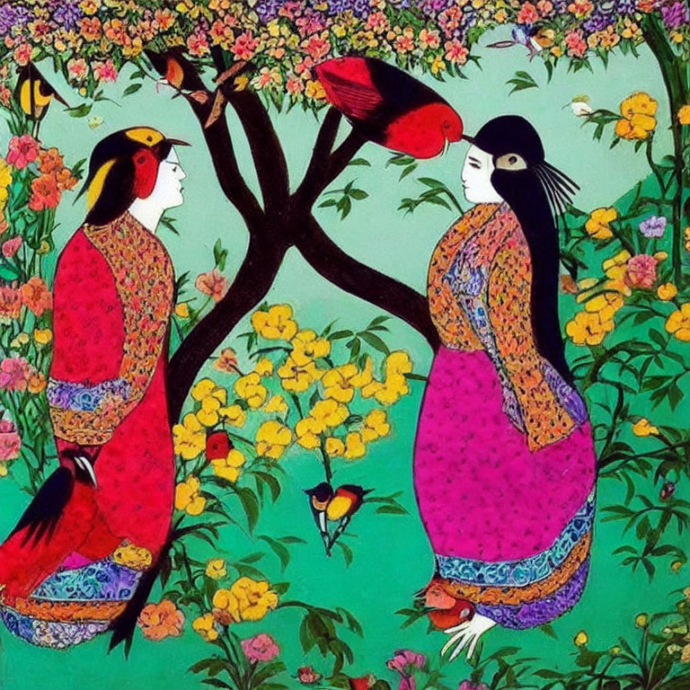 Colorful Traditional Attire Women in Vibrant Garden with Birds