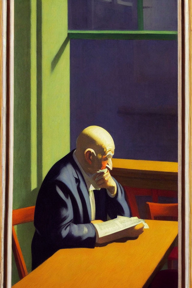 Bald man in suit reading document at wooden table by green-shaded window