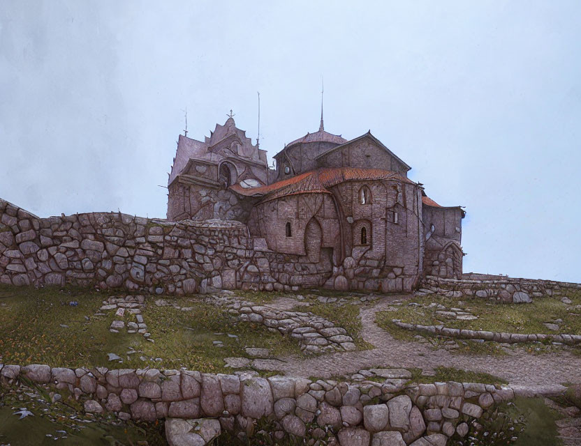 Stone fortress with spires and arched windows on hilltop under overcast sky