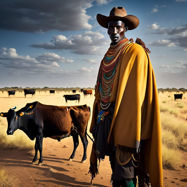 Traditional Attire Man with Cattle in Field and Wide-brimmed Hat