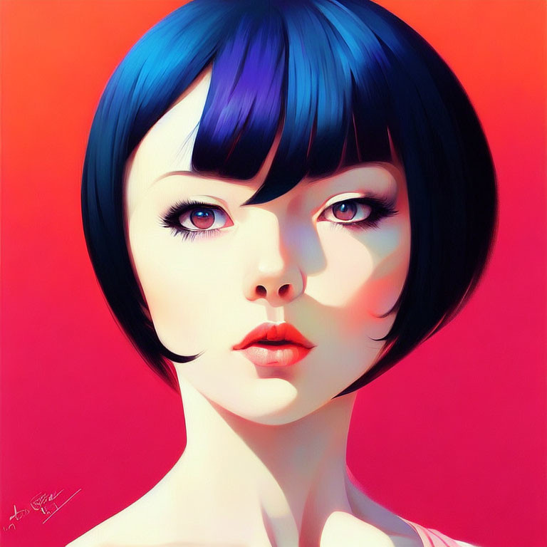 Stylized digital portrait of female character with blue-black hair