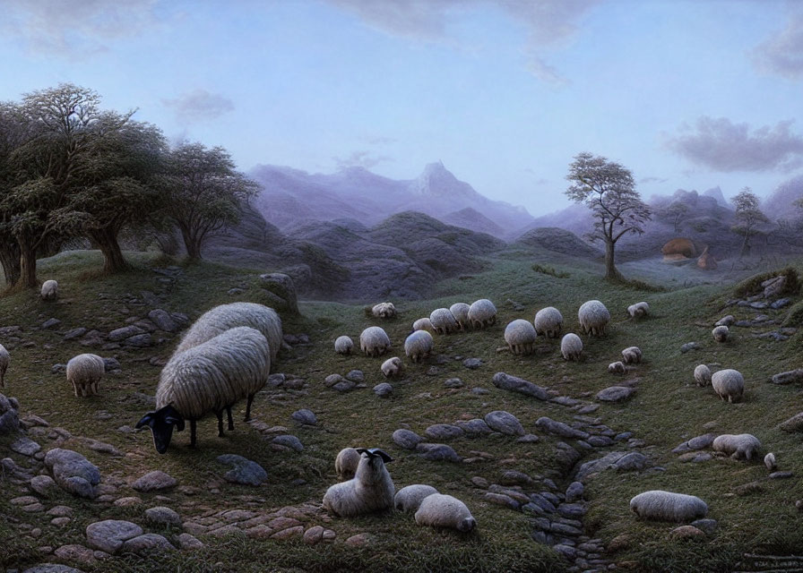 Rural landscape with grazing sheep under twilight sky