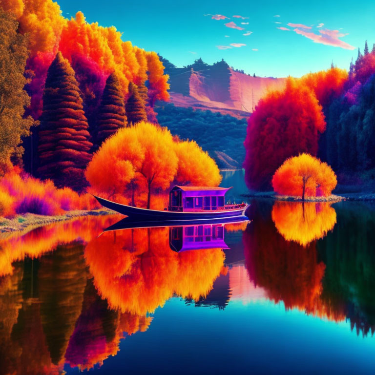 Vibrant autumn landscape with orange and blue foliage by calm lake