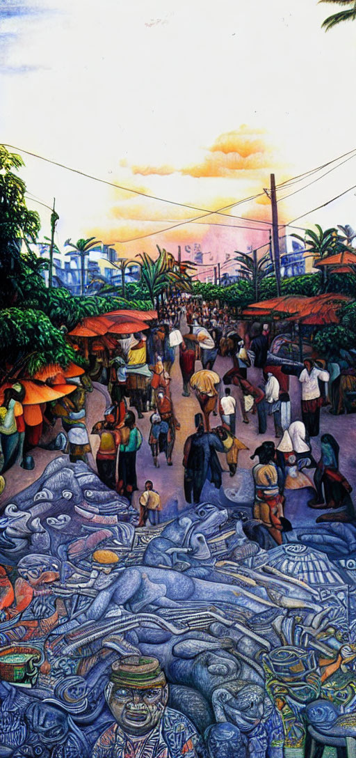 Colorful street market scene with people, baskets, and sunset sky.