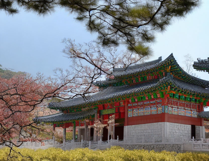 Ornate Asian temple surrounded by pine trees and cherry blossoms