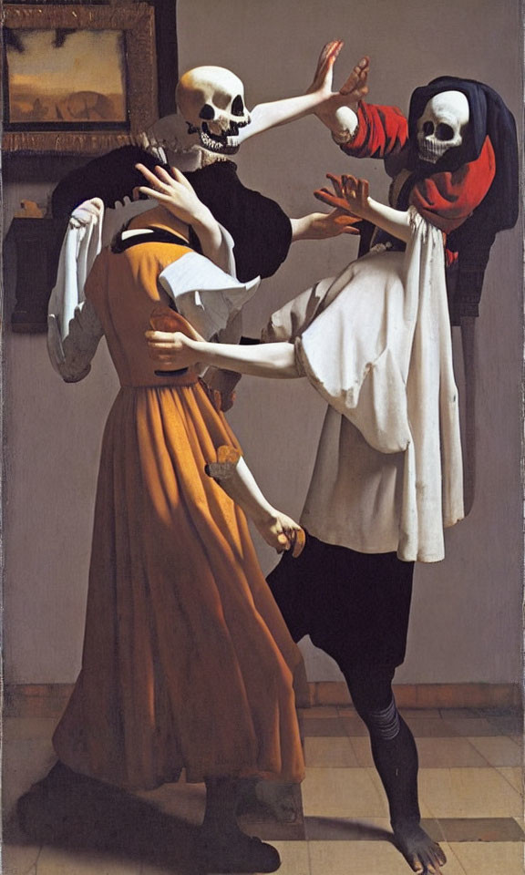 Skeletons in Early Modern European Attire Dancing in Interior Space